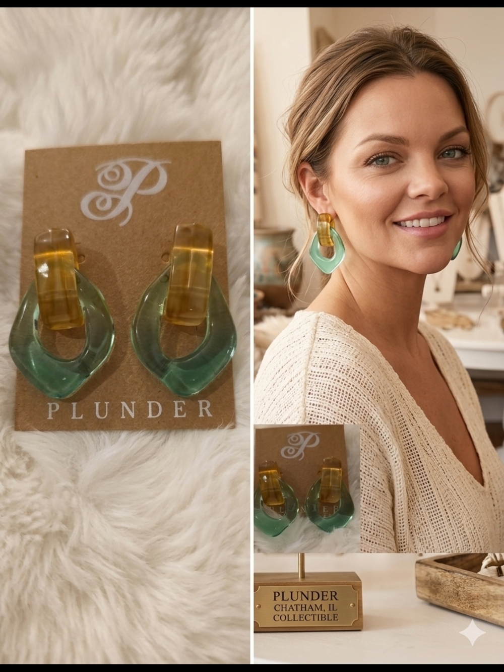 Plunder Green and Amber Resin Hoop Drop Earrings